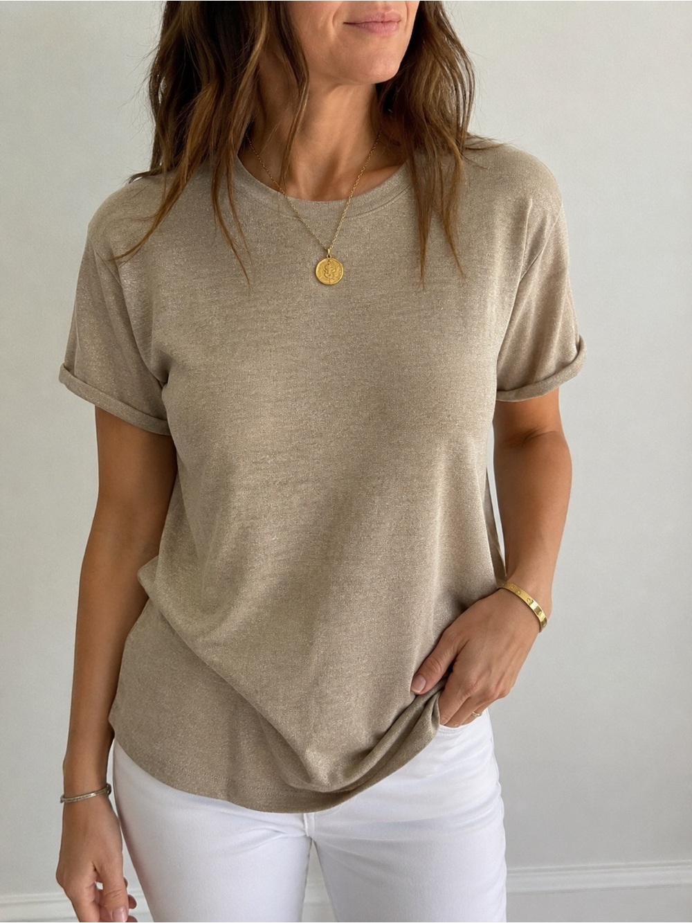 Brunello Cucinelli Cashmere Silk Metallic Knit Top Beige Size M Made in Italy